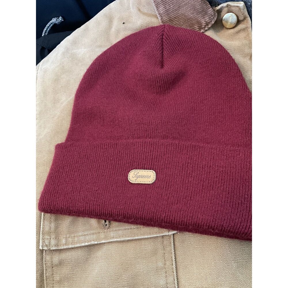 Supreme Script Patch Beanie Burgundy Cuffed Knit Winter Hat Made in Canada